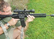 Author’s best bud and shooting partner Frank runs the DDM4 LWV5 from a solid supported position testing the carbine’s practical accuracy and eff effectiveness of the Surefire Mini.