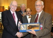 Shown at the Orlando GRPC awards ceremony are: Ambassador Donald A. Mahley, left, US negotiator at the United Nations who withdrew the US from the proposed drafted Arms Trade Treaty in July, who was presented with a Defender of the Constitution award by Alan M. Gottlieb (second from right), and with a special Colt 1911 by Maj. Gen. Gen. Allen Youngman (ret.), executive director of the Defense Small Arms Advisory Council (DSAAC), far right, who himself received a SAF Defender of Liberty award. Second from left is Rep. Joe Barton (R-TX), who was presented with a CCRKBA Lifetime Achievement Award. (TGM photo by Dave Workman)