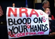 Protesters from Code Pink (pictured above) crashed the nationally televised NRA press conference last December.