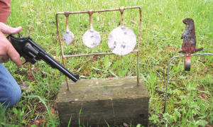 Steel spinner target and polymer ground squirrel are typical of the challenging variety of handgun plinking targets