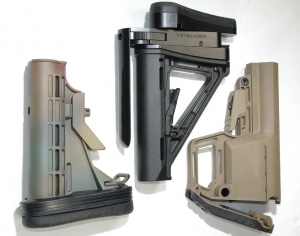 Mission First Tactical's Battlelink Utility Stock (right); Battleline's SAPR (center); Limbsaver's Tactical Snap-on Recoil Pad (left)