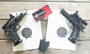 STI (left) and CZ (right) competition pistols lay side by side