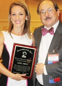 Emily Miller, senior opinion editor of the Washington Times, was presented with the SAF Journalist of the Year Award by SAF Founder and Executive Vice President Alan Gottlieb. Miller has a new book out: Emily Gets Her Gun—But Obama Wants to Take Yours.