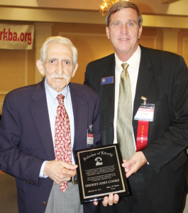 SAF President Joe Tartaro (L) presented an SAF Defender of Liberty Award to Weld County Sheriff John Cooke, lead plaintiff in Cooke et al. v. Hickenlooper, lawsuit by Colorado sheriffs against the state’s 2013 gun law.