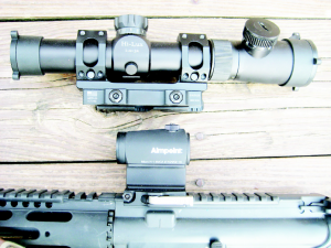 The two optic options for the author’s lightweight AR carbine. The Aimpoint Micro will be for use “around the house and homestead” while the Leatherwood 1x-4x CMR with its American Defense Mfg. QD mount will be used “out and about” in the surrounding mountains.