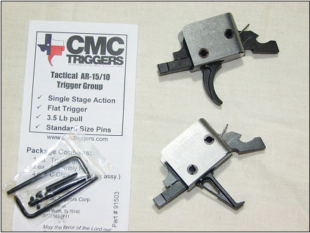 CMC trigger groups which install quickly and easily into an AR series modern sporting rifle, curved 4.5 lb. (top), flat 3.5 lb. (bottom).