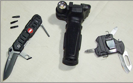 CRKT’s Picatinny tool (left) and Range Bag Tool (right) with Crimson Trace’s MVF-515 laser/light grip (center).