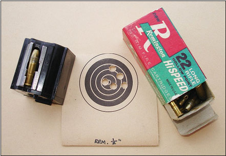 This five-shot group on an NRA 50-foot target measures just a little over ½ inch, not bad at all.  However, it was fired at 25 yards with the new Ruger commemorative rifle. Iron sights, bedroll rest.  All ammunition tried shot very well in the rifle. 