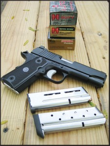 The magazines tested in the CCO pistol: Metalform, sans bumper pad, in pistol, Wilson Combat Compact 9mm magazine with thin steel floor plate, and Metalform with fat rubber pad.
