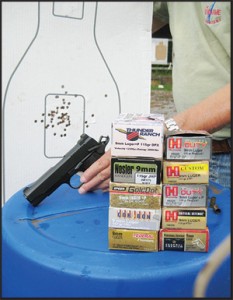 The 50 holes in the Q-Target were made by firing five rounds each of these high performance rounds at 15 yards. Any would be more than adequate for daily carry.