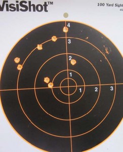 A test target. Group of three shots: 3.5 inches.