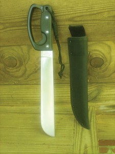 The Meyerco machete/axe. A pure wood chopping knife that splits kindling and slices the bacon and bread with equal ease. 