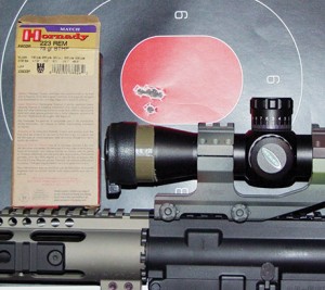 Best group with the AR556 with Weaver Kaspa mounted, ½” center to center for five shots at 100 yards from bench rest.