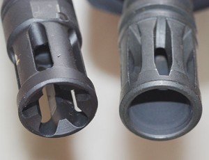 Ruger’s muzzle brake(l) compared to a standard A2 brake (r), the scallops in the Ruger brake work well to mitigate flash signature.