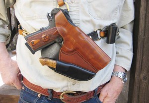 The final version of the author’s Highland Special chest holster with attached knife sheath and Springfield Armory 1911. 