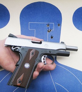 The Ruger SR1911 LWC was plenty accurate for defensive use as this 15-yard six-shot group illustrates.  