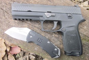 The SIG P320 pistol, and the “World Legal” knife from Lansky Sharpeners.