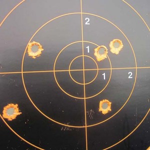 Close view of a test-target group: 3.5 inches. Shot standing, 7 yards, two-hand hold. 