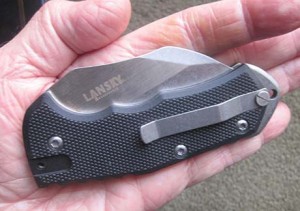 The pocket-sized Lansky ‘World Legal’ knife folded. It has a 2-position, low-profile deep pocket clip for right or left-handed carry.