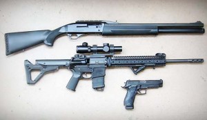 Ready for 3-G action are a shotgun, rifle and handgun.
