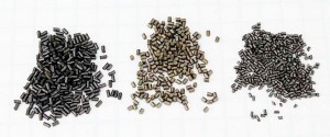 For all but the smallest rifle cartridges, rifle powders typically have extruded granules, shown here enlarged. L-R are IMR-4350, H4831SC and RL-15.