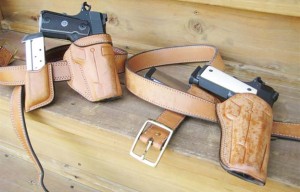 Rafter-L rigs are not designer leather. These Rafter-L outfits are carried daily. The author’s #1 rig carries the Guncrafter Industries 9mm (left) and Ken Hackathorn’s #5 with the Wilson Combat Hackathorn Special in 45ACP (right). 