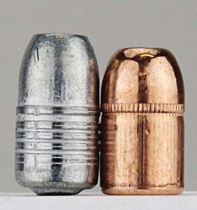 Slightly longer and taking up more case volume than the 158gr TMJ 9mm bullet on the right, the alloy bullet on the left weighs only 92gr, requiring load experimenting. 