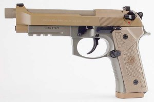 The Beretta M9A3 claims features like a thin grip with a removable, modular wrap-around grip, MIL-STD-1913 accessory rail, removable front and rear tritium sights, extended and threaded barrel for suppressor use, a 17-round sand resistant magazine, and numerous improved small components to increase durability and ergonomics, all in an earth tone finish. Beretta USA offered the M9A3 to the US Army via an ECP in December 2014, prior to that Service’s decision to allow use of more lethal 9mm ammunition. 