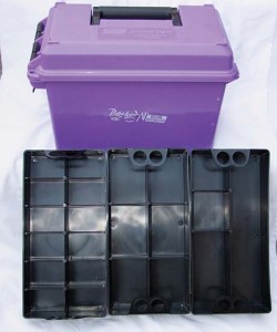 MTM’s 50-Cal Ammo box in purple with three Ammo Can Organizer trays. Note the various sizes to store a wide array of items. 