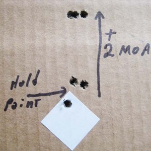 This target illustrates six individual changes in elevation. The SOD tracked well in this limited test. The point of impact returned to the zero after each 2MOA elevation change.