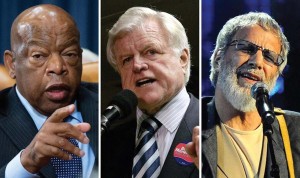 Victims of No-Fly list inaccuracy, left to right, Rep. John Lewis (D-GA), the late Sen. Ted Kennedy (D-MA), and singer Cat Stevens, as illustrated by The Boston Globe using Associated Press photos.