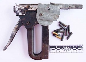 (Folsom State Prison) An industrial staple gun formed the base of this .22 caliber zip gun built at California’s Folsom prison more than a decade ago. 