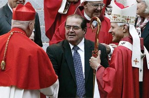 Antonin Scalia shakes hands as Archbishop Donald W. Wuerl, right, watches after exiting Cathedral of St. Matthew the Apostle following the 55th Annual Red Mass celebration on Oct. 5, 2008, in Washington. (Haraz N. Ghanbari/ AP) 