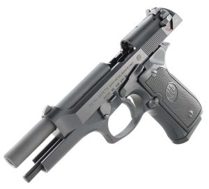 The classic Beretta 92FS/M9 with its slide locked to the rear.