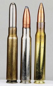 Handloading the .323” bulleted 8x57JS (center) into nickel plated cases helps ID it to prevent confusion with 8x57J (left) and .30-06 (right) cartridges. 