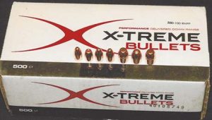 X-Treme bullets for handloading are copper-plated lead. Most calibers are round nose or with flat tips or points, and are available in calibers from .380 to .50. The second bullet from the left among the representative bullets above is a .429 hollowpoint, while the ones on the far right—new 300-grain .458 and third from the right have cannelures. 