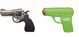 “Emoji” of realistic-looking gun being replaced by Apple (left) and new “toy” verison (right) that replaces it. Anti-gunners have claimed it as a gun control “victory” in a year that has seen them try and fail at legislative approaches.