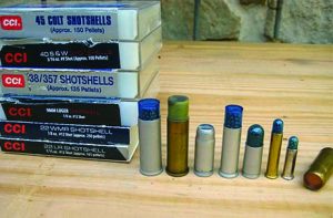 CCI shotshells. From the left; .45 Colt, .44Spcl./Mag, .40S&W, 38Spcl./.357Mag, 9mm, .22Mag, .22LR. At far right is a home made shot shell for the .45ACP made from a cut off 30-06 case with gas checks encapsulating the shot load on top of the powder charge.