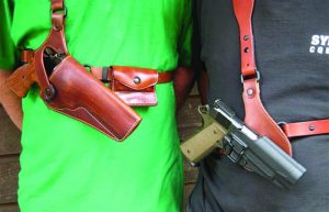 Two good examples of chest holsters. The Galco Great Alaskan for a 5” S&W Model 29 is on the left. The holster on the right is the extremely versatile At The Ready chest rig adapter for Blackhawk Serpa holsters; any Serpa holster can be turned into a chest holster in about 5 minutes using this set-up.