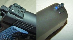 Novak’s adjustable rear sight and blue fiber optic sight are standard features on the Competition Pistol.