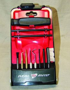 Real Avid’s Gun Boss Pro Precision Cleaning Tools shown in their case that folds to give you an easy access stand. 