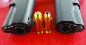 .45 ACP, left, compared to .38 Super, right.