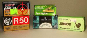 Representatives across the .22LR spectrum: match, hunting and cheap plinker ammo. Note the “expensive” price tag on the pre-shortage match ammo; we’re lucky to find that on today’s plinker stuff.