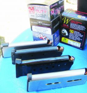 The Wiley Clapp CCO proved reliable with all the ammo and the magazines tested. Wilson Combat 8-round mag (back) and 7-rounder (front). Colt 7-round (2nd from back) and 7-round Nighthawk (#2 from front). 