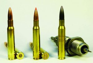 Loading your own match rifle ammo costs less than half as much as top tier factory match grade ammo.(Left to Right: Creedmoor Sports, Hornady, and handload with moly coated bullet).