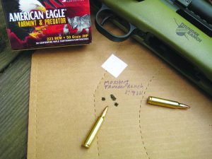 The Thunder Ranch MVP rifle from Mossberg was a stellar performer with the new American Eagle .223 Varmint/Predator ammunition. The 50-gr. hollow point bullets should be poison on varmints.