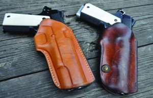 The author’s original Thad Rybka Rhodesian holster (the one with the miles on it) and Erik Little’s stellar new rendition: the #6 Selous Scout. Pure beauty and utility describe both rigs. Both holsters are for full sized 1911s. 