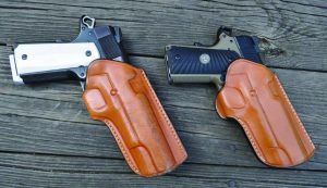 Left holster is one of the first prototype Selous Scouts for a full sized 1911. Right is one of the first Scouts for a Commander-sized pistol.