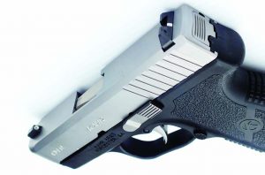 The white bar-dot combat sights on the Kahr pistol are drift adjustable.