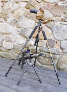 The Javalin bipod mounted on an Alexander Arms AAR17 HMR with the pic rail adapter and the Kapita tripod with Leupold Spotter in place. All of the tripod’s legs are removable from the swivel head and the two with foam hand grips do double duty as trekking poles. Author-modified pole/leg is the one with the yellow tape and the rubber foot-cap removed.